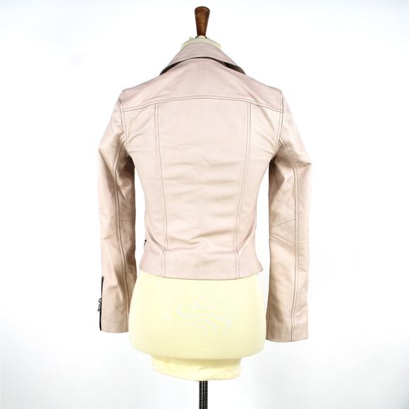 Allsaints Prescott Pink Smooth Lamb Leather Biker Jacket 4 Zip Cropped Moto 0 - Picture 6 of 8